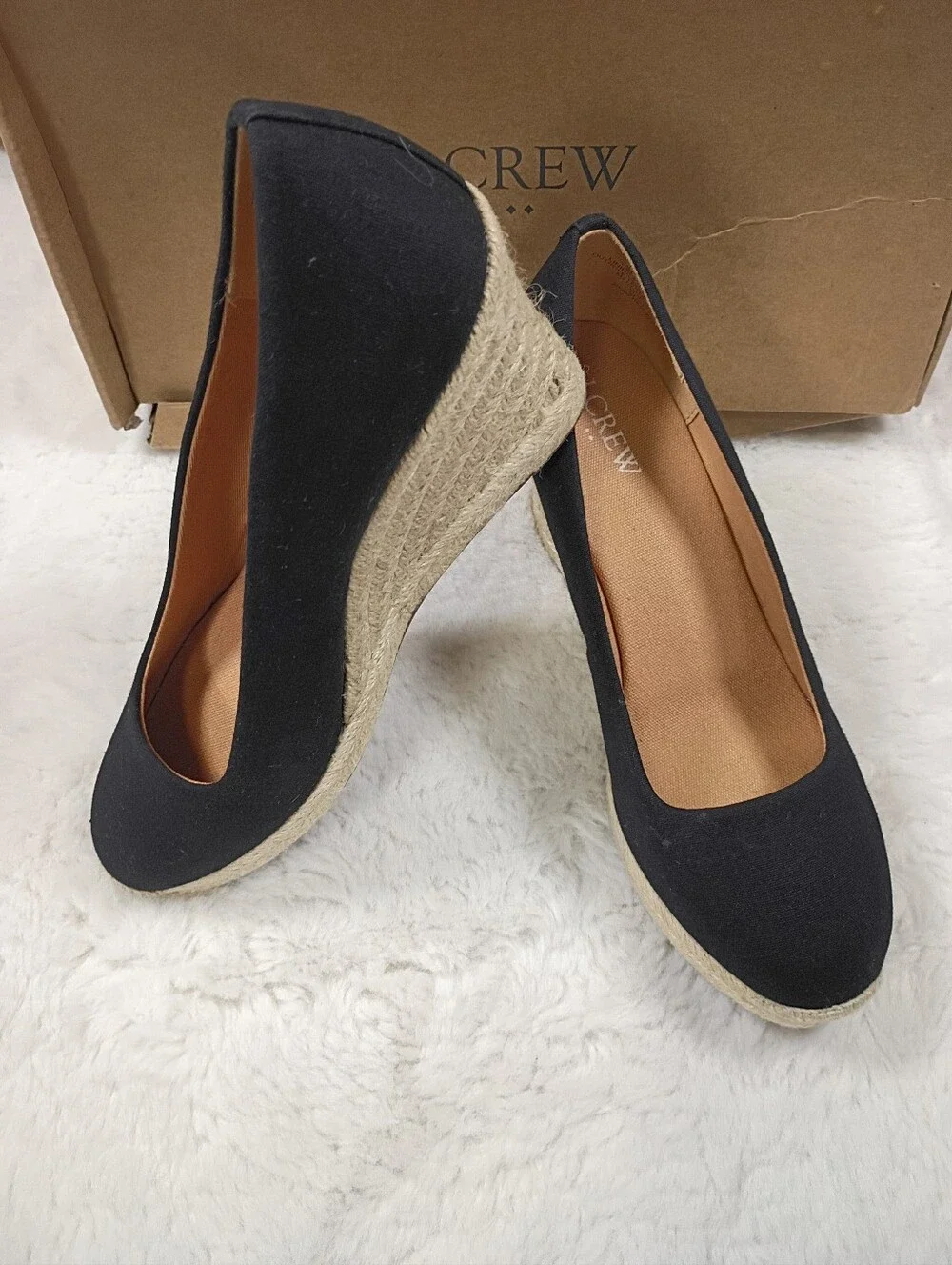 J. Crew Black Espadrille Wedge Pumps with Natural Jute Platform Size 8